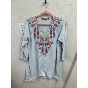 T&W Designs Embroidered 3/4 sleeve denim tunic